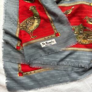 Va Bene Italian Linen Scarf Red Pheasant Print Grey Square Wrap Classic Style